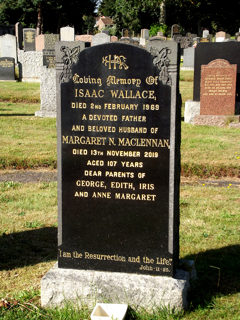 Photo of headstones/Margaret N MacLennan d2019 aged 107 yrs hdstn Nairn cem